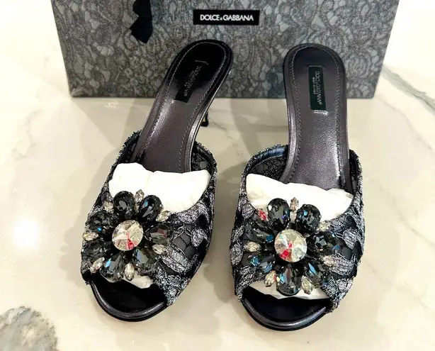 Dolce & Gabbana Lace and Crystal Slide Sandals