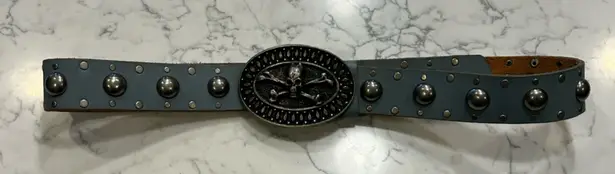 Vintage Skull & Cross Bones Made in Italy Belt Bucket w/ Blue Belt Silver