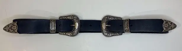 Western Black Leather Belt with Double Silver Buckles Size 30/32