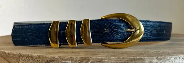 Amanda Smith Vintage 90s Blue Genuine Leather Golden Buckle Belt Size Large