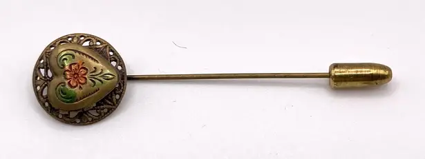 Source Unknown 0091 Vintage Unsigned Antiqued Gold Tone Locket Stick Pin w/Pink Rose Motif EUC