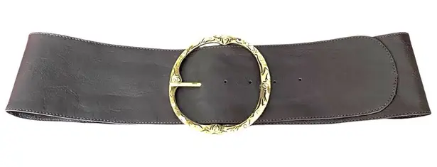 Chocolate Brown Leather Wide Waist Belt Gold Tone Circle Buckle Rhinestone