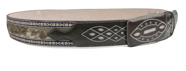 Brown Genuine Leather Calf Hair Aztec Ribbon Trim Belt Size 40