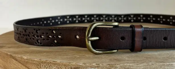 Vintage Brown Genuine Leather Cut Out Western Golden Buckle Belt Size Large