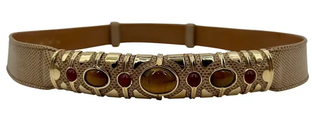 Vintage Judith Leiber Snakeskin Leather Belt Gold Metal Stone Buckle Adjustable Tan