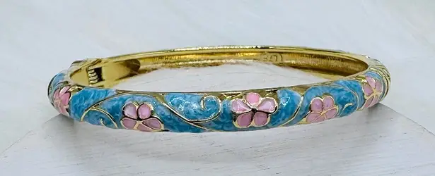 Cotton Candy Blue & Pink Flower Enamel Cloisonne Bracelet Bangle