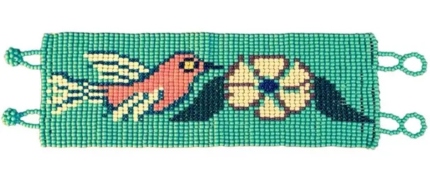 Handmade Vintage Y2K Turquoise Seed Bead Bracelet w/Bird & Flower Huichol Made in Mexico