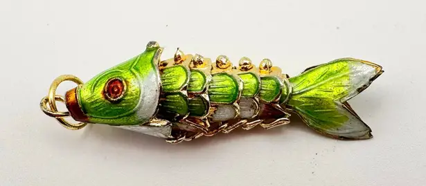 Vintage Green Enamel Cloisonne Articulated Gold Tone Koi Fish Pendant No Chain