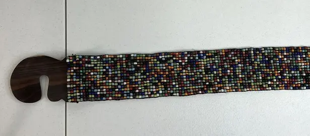 Vintage Beaded Wide Stretch Belt Carved Wood Buckle Boho Y2K Whimsy Hippie