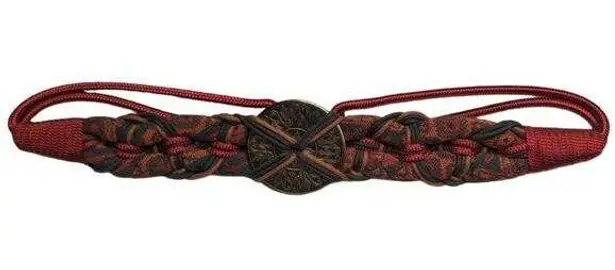 Vtg 1970s Red Teal Braided Rope Brass Buckle Hook Closure Boho Waist Belt 31"