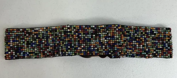 Vintage Beaded Wide Stretch Belt Carved Wood Buckle Boho Y2K Whimsy Hippie