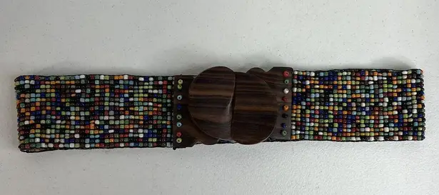 Vintage Beaded Wide Stretch Belt Carved Wood Buckle Boho Y2K Whimsy Hippie