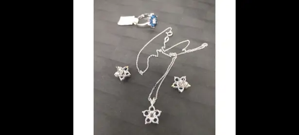 Source Unknown .925S ARTISAN TANZANITE EARRING RING NECKLACE PENDANT SET W/ LAB ACCENTS