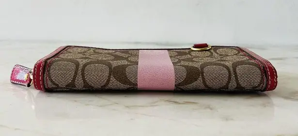 Coach  Heritage Khaki Pink Stripe Accordion Zip Wallet In Signature Canvas