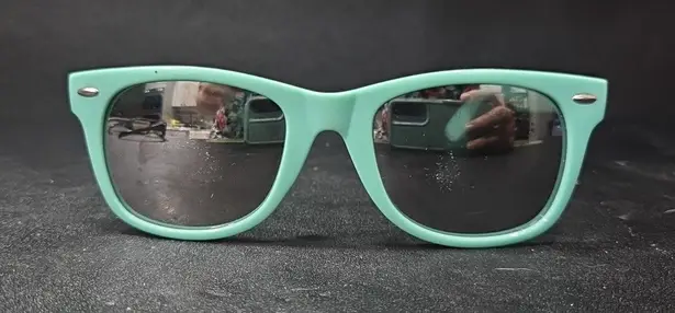 Teal Wayfarer Style Sunglasses, Mirrored Lenses, CE Marked, Square Seafoam Frame Green - Image 1