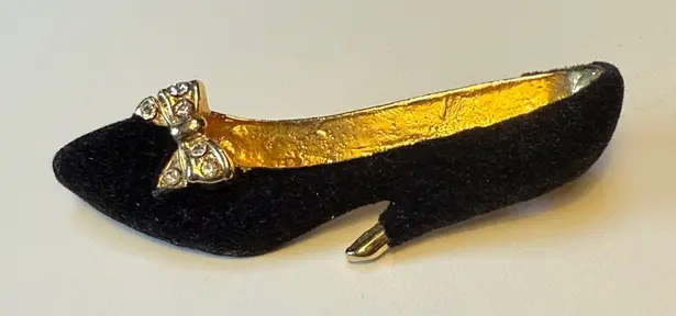 Vintage Black and Gold Shoe Brooch with Rhinestone Bow