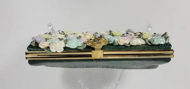 Andé Womens Clutch Bag Green Croc Embossed Pastel Floral Applique Gold Chain