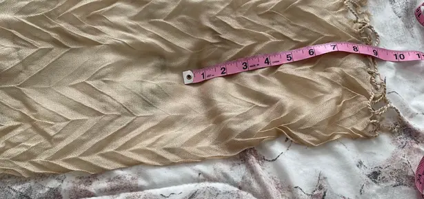 Beige Pleated Textured Acrylic Semi Sheer Scarf with Fringe Trim, size 69”x15” Tan