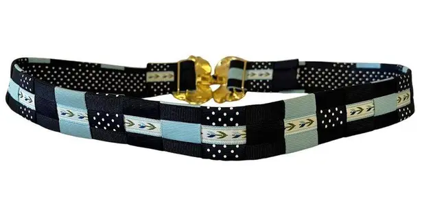 Mimi Di N Vintage Gold-Tone Leaf Buckle with Woven Blue Fabric Statement Belt