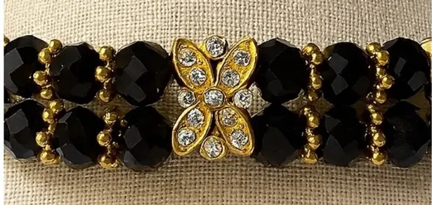 Y2K Vintage Butterfly Black Gold Tone Stretchy Rhinestone Beaded Bracelet 90s