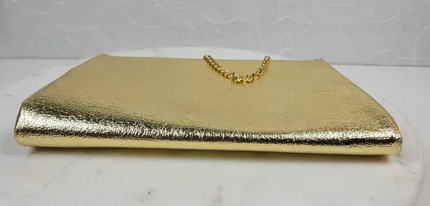 VINTAGE Lame Clutch 9.5" Gold Chain Metal Clasp Retro Evening Handbag Purse