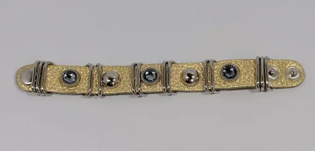 King Star Gold Silver Metallic Rhinestone Studded Accent Snap Leather Bracelet