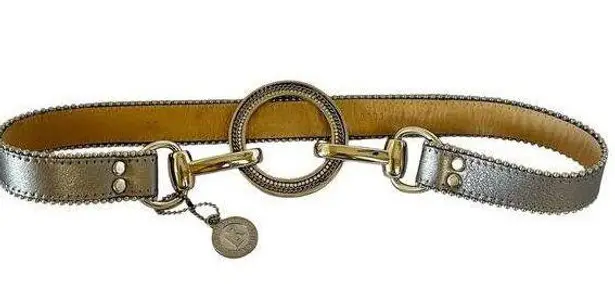 Leatheroc k Silver Leather Double Clasp Embellished Ring Buckle Statement Belt