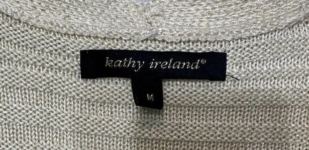 Kathy Ireland Cardigan Beige Open Knit Fringe Hem Metallic Gold Threads Med. NEW