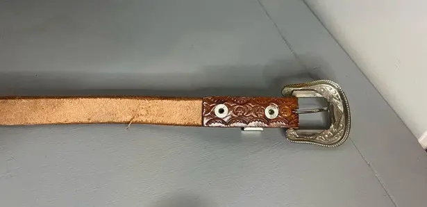 Vintage early 1990s Western Tooled Leather Belt Silver Buckle ClassicBohoCowboy Brown