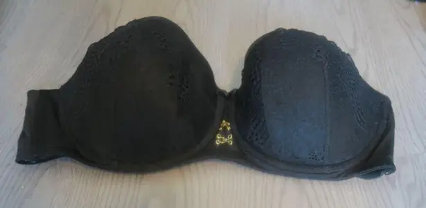Cacique Lane Bryant boost strapless bra jewelry on front lacey in black size 44DD.