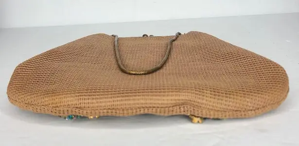 Vintage 50s Floral Tapestry Stitch Seed Bead Purse Handbag Top Handle Brown