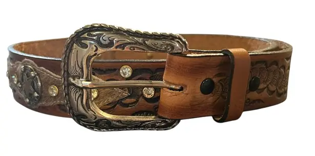 Womens Western Embossed Leather Belt Sz 32 Rhinestones Concho Navajo Cowgirl Brown