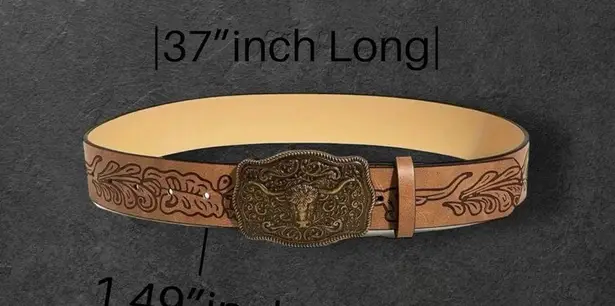 Western Bull Head Buckle Unisex‎ Belt Vintage Embossed Brown PU Leather Belt Size M