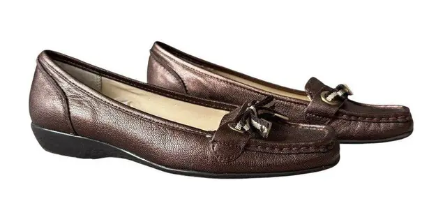 Etienne Aigner bronze metallic slip on loafers bow flats women's size 6 1/2M