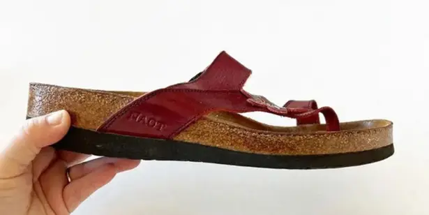 NAOT Dark Red Leather Floral Motif Cork Sandals Women’s Size 12 Summer Slides