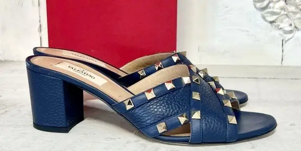 Valentino Garavani  Rockstud Crisscross Leather Mules Sandals Blue Women 38.5 / 8