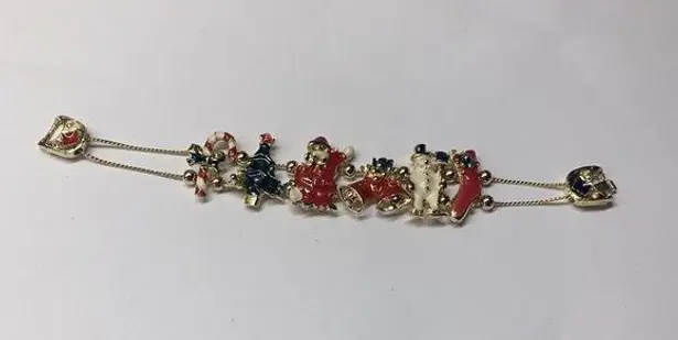 Holiday Christmas Bracelet • Gold Tone Tree, Stocking, Santa, Snowmen Candy Cane