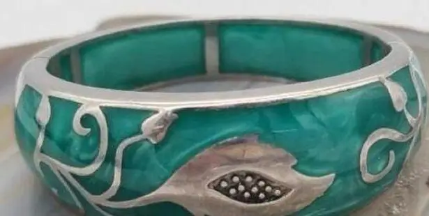 ANDREW HAMILTON CRAWFORD 925 Silver Teal Cuff Botanical Vine Modernist Bracelet Green