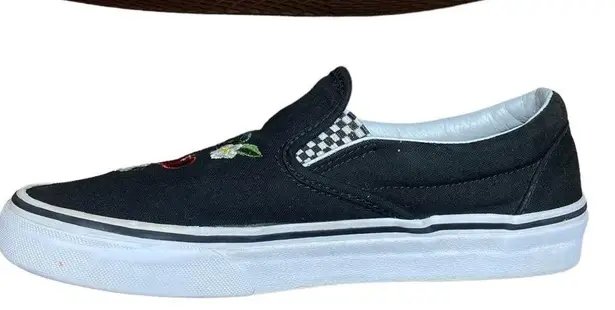 Vans Black  Slip-On Shoes with Cherry, Flower, and Monarch Butterfly Embroidery