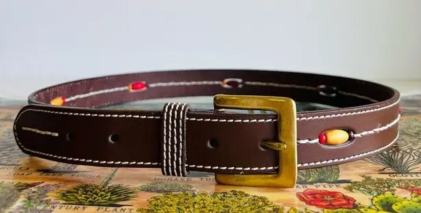 90s Retro Brown Vegan Leather Beaded Brass Buckle Belt