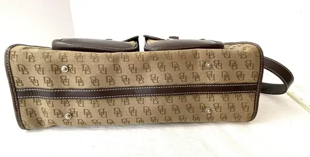Dooney & Bourke Brown Tan DB Double Pocket Tote Satchel Purse Removable Strap