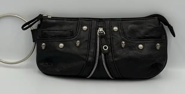 Black Leather Wristlet Clutch Skulls Zipper Moto Biker Studded Goth Edgy
