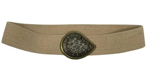 Day-Lor Vintage Tan Stretch Belt With Gold Tone & Animal Print Statement Buckle