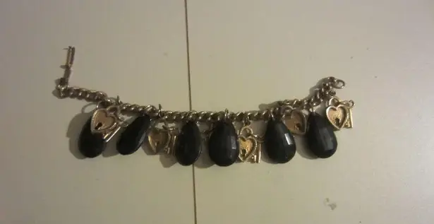 Monet Vintage  Charm Bracelet Black Enamel Gold Tone 7.5 Inches