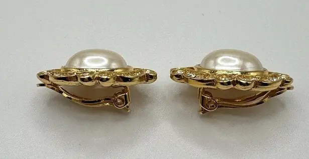 Vintage Gold Framed Pearl and Rhinestone Costume Earrings Large Statement Glam