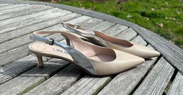 Miu Miu Nude Kitten-Heel Slingback Pumps by  size 36 1/2  nude silver 6