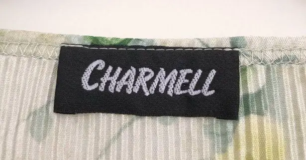 Y2K Satin Micro Pleated Top Size XL Green Floral V Neck Vintage