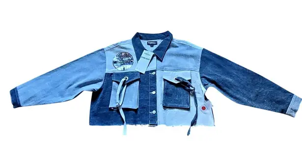 Thrill Jeans Denim Jacket Collection Patchwork NWT 3X Crop Distressed Blue