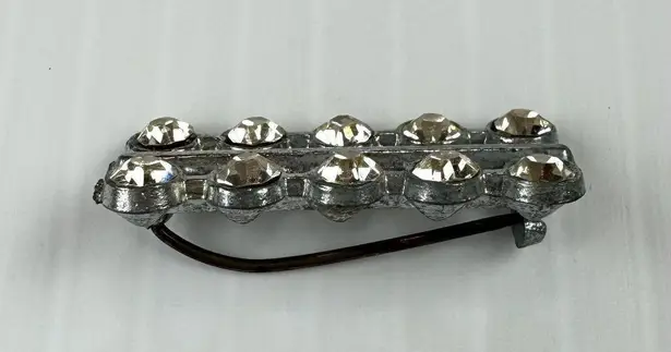 Vintage Small Brooch Bar Set Silver Tone Clear Rhinestones Double Row Costume