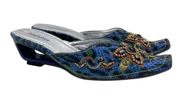 JohnFashion Women's Embellished Beaded Wedge Heel Mules Size 7 Bohemian Colorful Blue